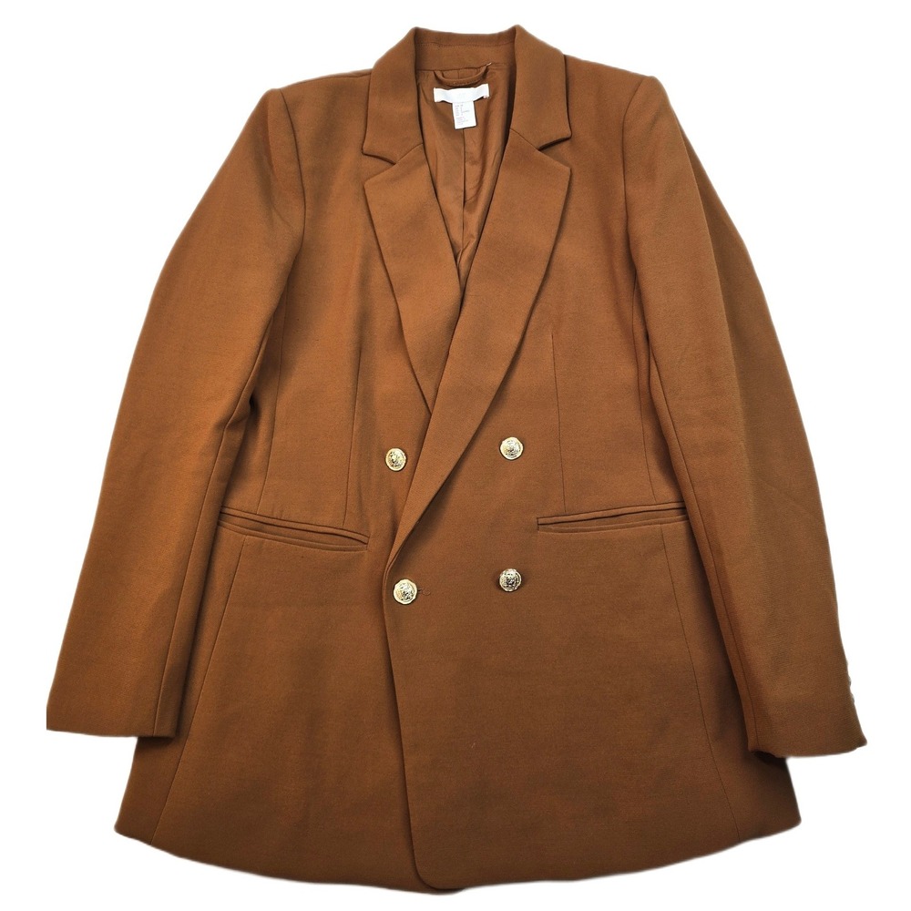 H&M Double Breasted Blazer Women 6 Brown Stretch Gold Crest Button Jacket